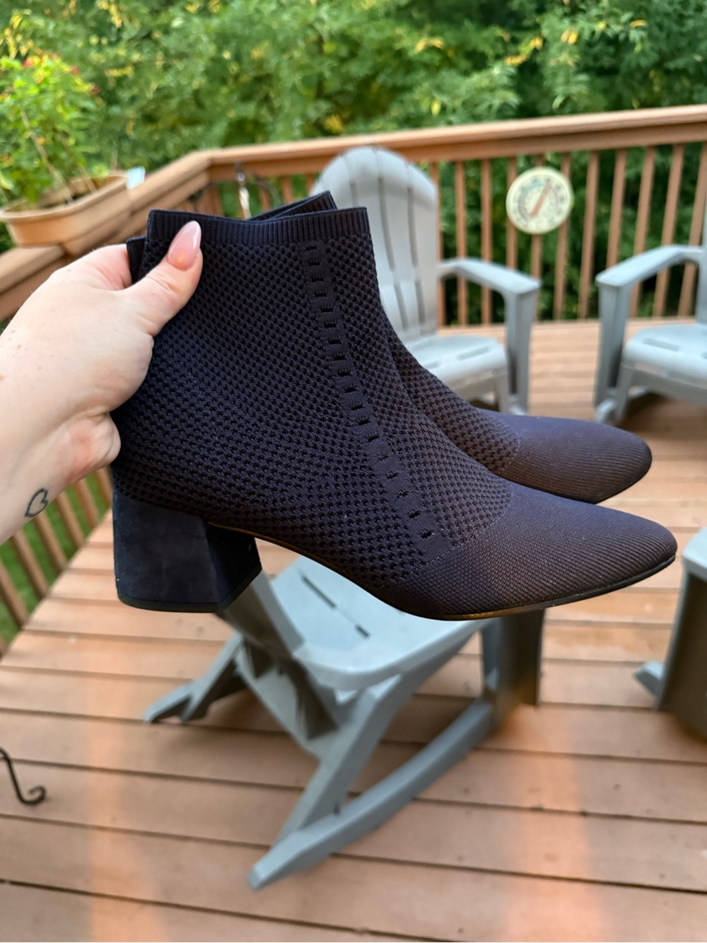 Navy Knit Ankle Boots - Women's Block Heel Sock Boot